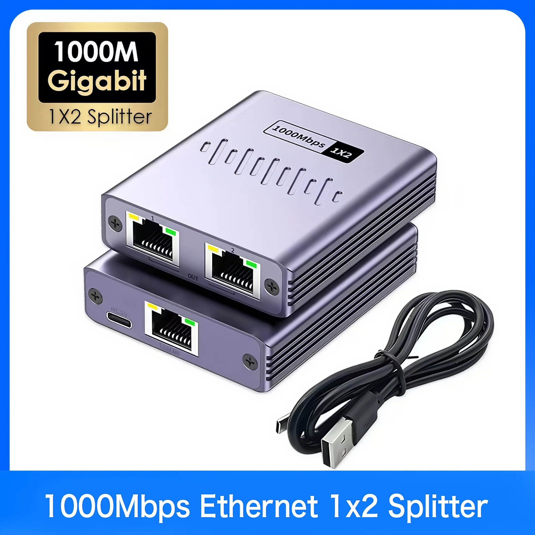 Gigabit 1x2 Network Splitter 1000Mbps 1 to 2 Ways RJ45 Lan Ethernet Adapter 1G 1000M Network Coupler Online Works Simultaneously