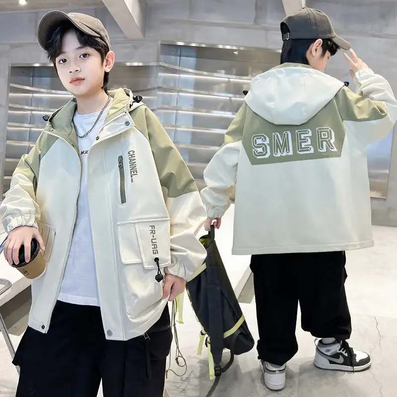 4-14Yrs Teens Boys Spring Autumn Pocket Jacket 2026 New Casual Clothes Large Children\'s Zipper Hooded Windproof kid overcoat