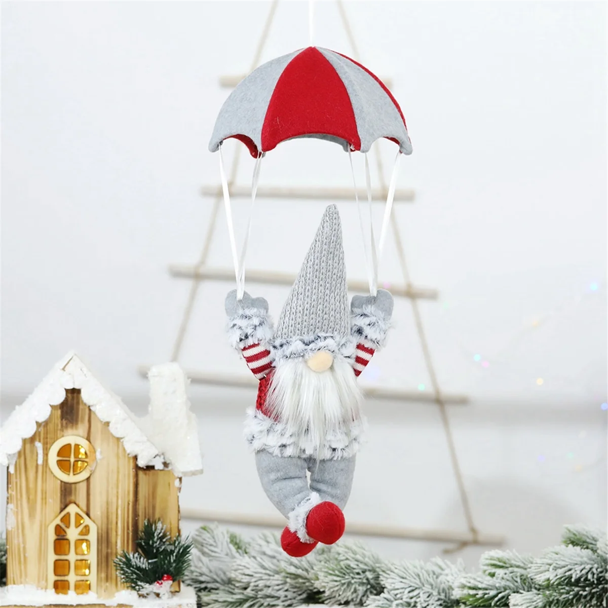 A17Z Gnome Figurine Skydiving Gnome Doll on the Table Shelf Desktop Parachute Tomte Plush Gnome Gifts Themed Tree Decor Grey