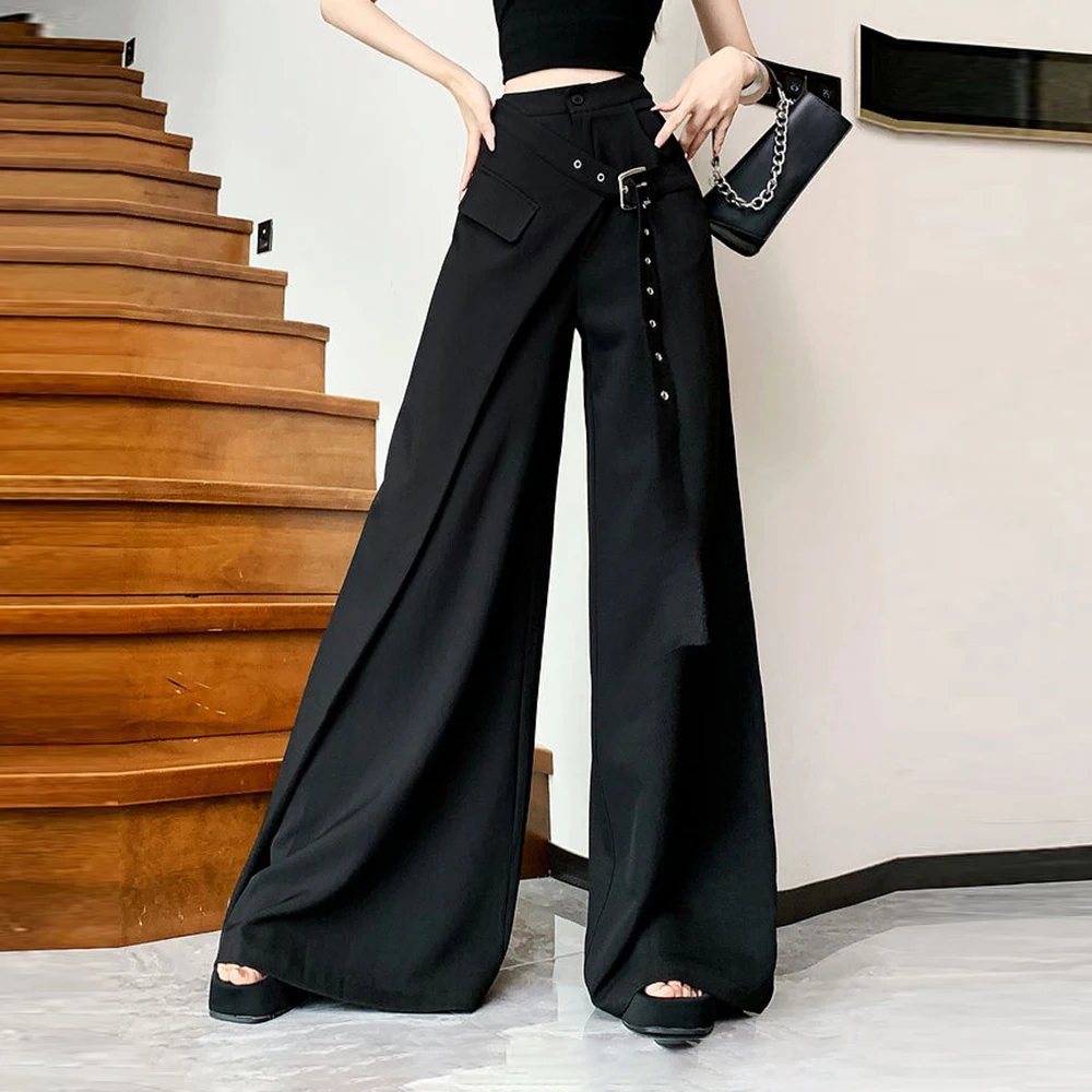 

Black irregular wide-leg pants skirt women's autumn new design fake two pieces of casual drape trousers