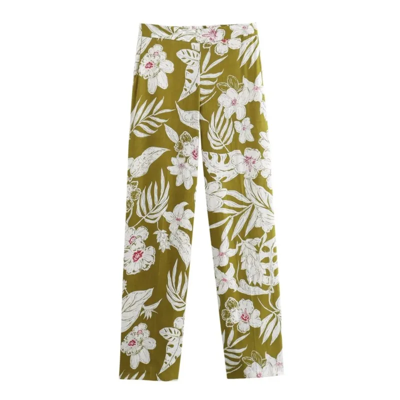 TRAF Lady  Linen blend flower printed pants For Casual Exquisite England Vacation style full length Loose Elastic Waist Pants