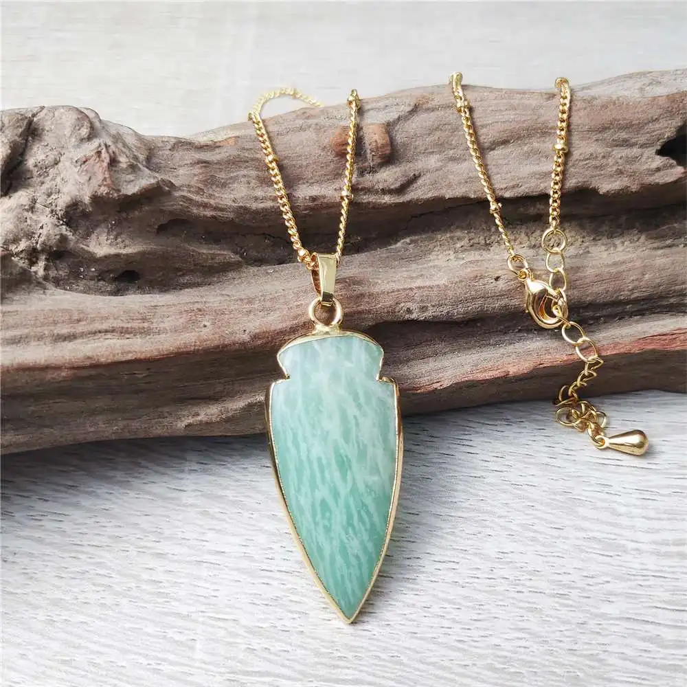 FUWO Wholesale Natural Amazonite Neckace,Golden Plated Green Arrow Stone Jewelry With Satellite Chain For Women 5 Pcs/Lot NC175