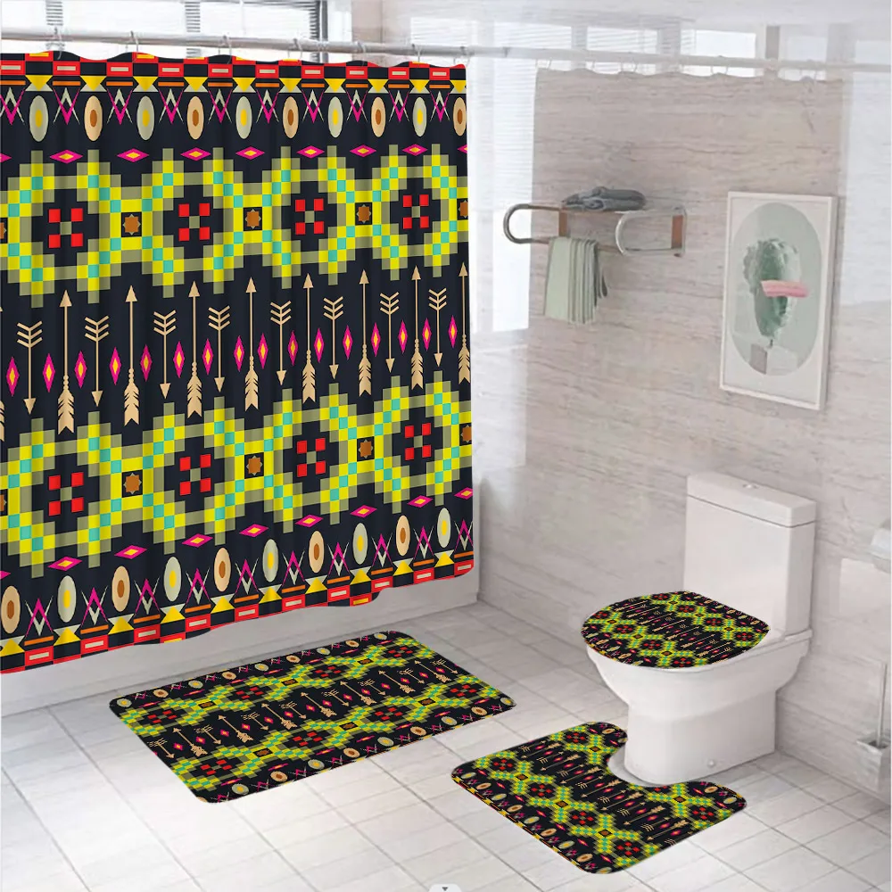 Aztec Geometry Shower Curtain Set Non-Slip Rug Toilet Lid Cover Bath Mat Tribal Abstract Ethnic Native Retro Bathroom Curtains