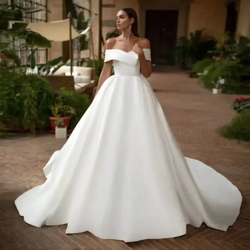 

Customized Elegant Boat Neck Ball Gown Wedding Dress Off the Shoulder Simple Vestido De Noiva Zipper Back Satin Robe Mariage