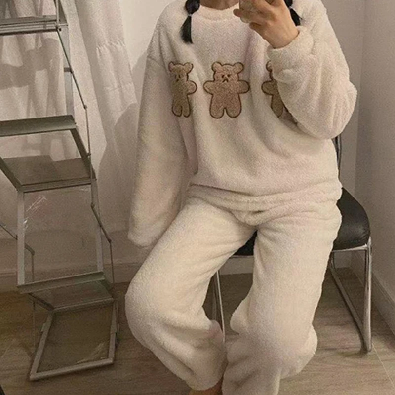 

﻿ Thickened Warm Pajamas Women's Winter Flannel Long Sleeved Sleepwear Homewear Coral Velvet Cute Loungewear Set Ladies Nightwea