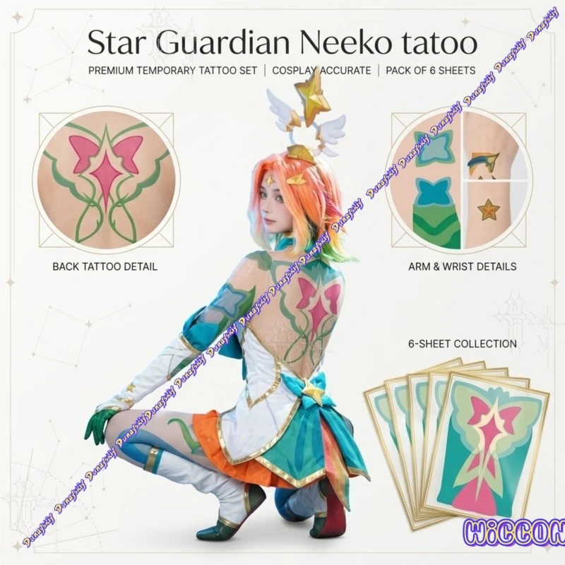 Star Guardian Neeko Temporary Tattoo Stickers For Back And Arm Cosplay Photo Props Disposable Decorative Stickers For Game Anime