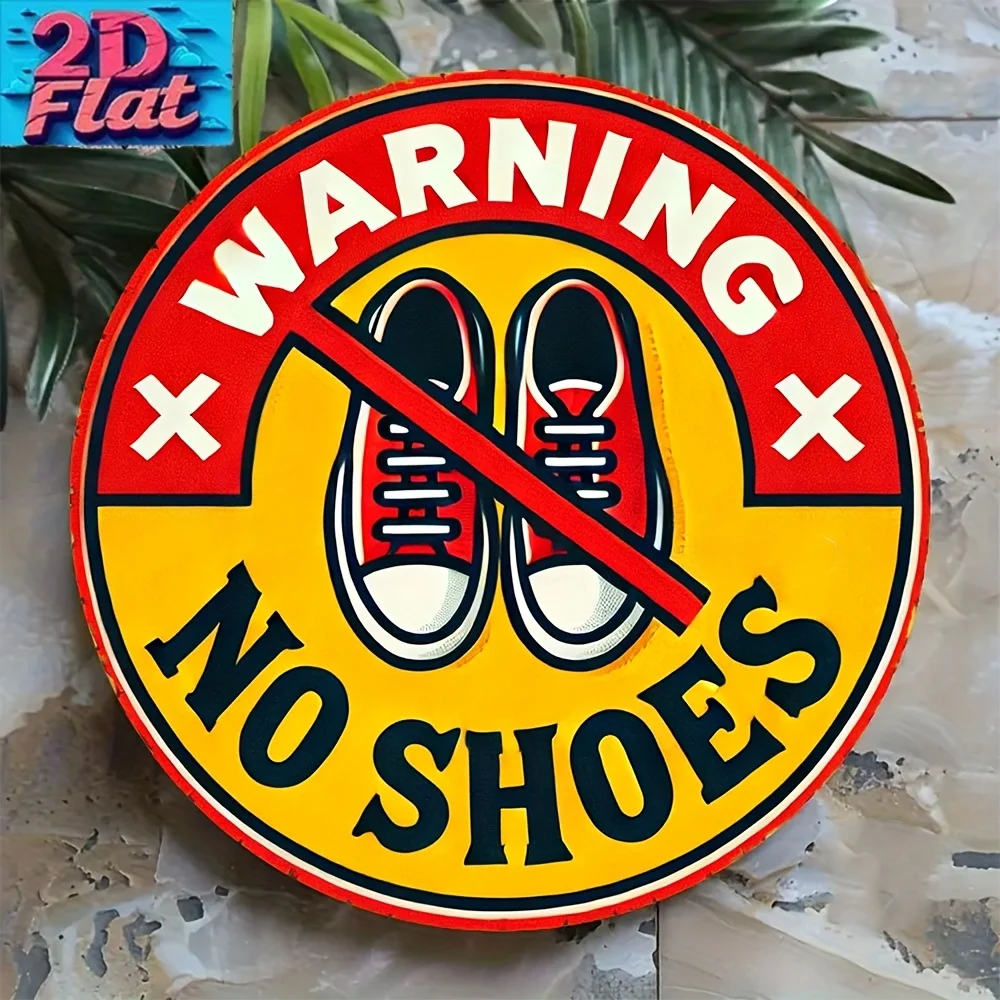 Vintage No Shoes Allowed Sign - 8x8 Inch Heavy-Duty Iron Metal Round Wall Decor with Pre-Drilled Holes for Entryway, Garage, Far