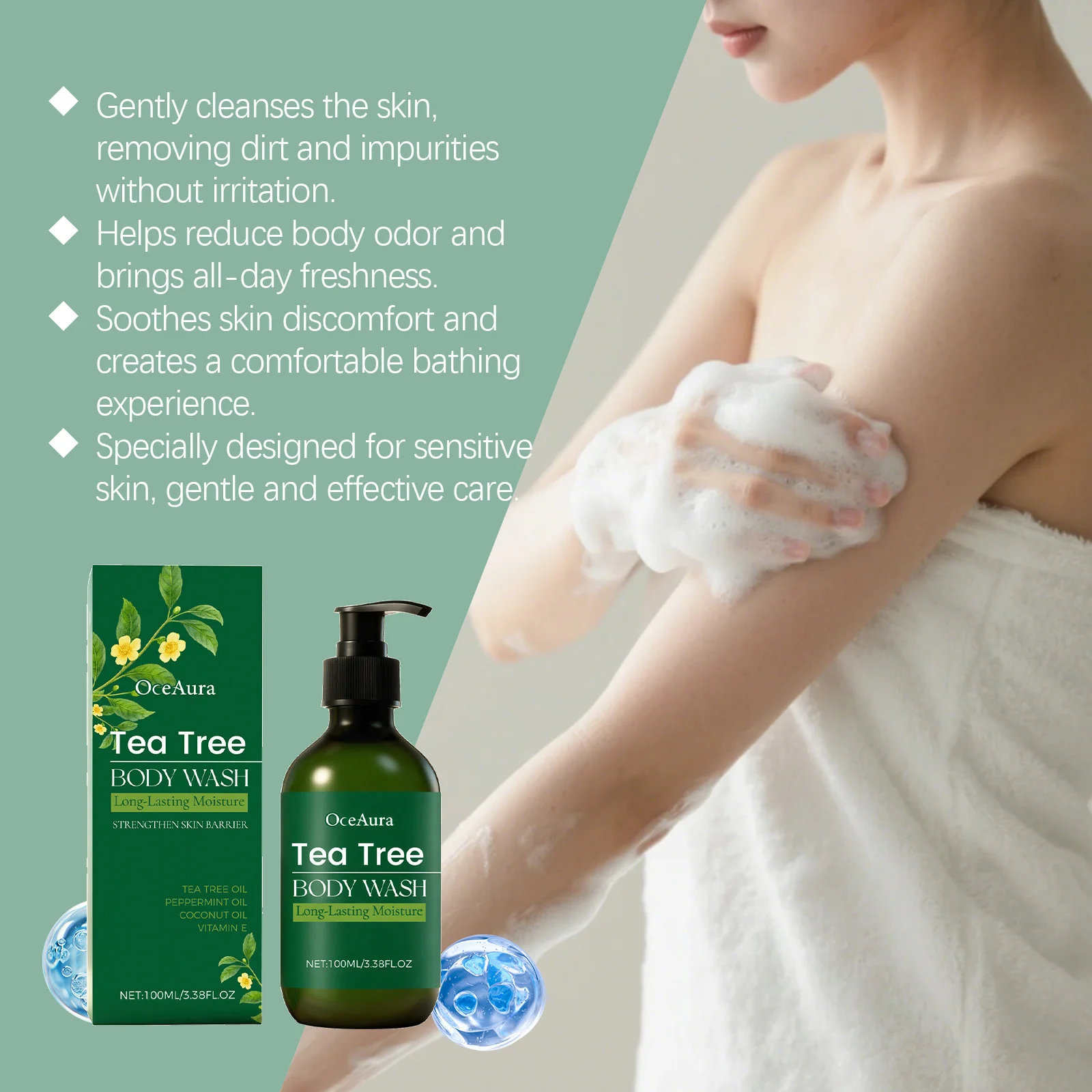 Tea Tree Shower Gel Gentle Cleansing Moisturizing Smoothing Refreshing Brightening Acne Treatment Fragrance Soothing Body Wash