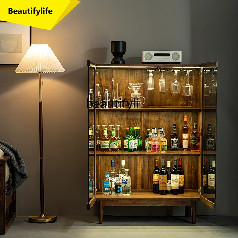 

01A Solid wood wine cabinet Nordic wall glass door with light display cabinet North American black walnut log bookcase