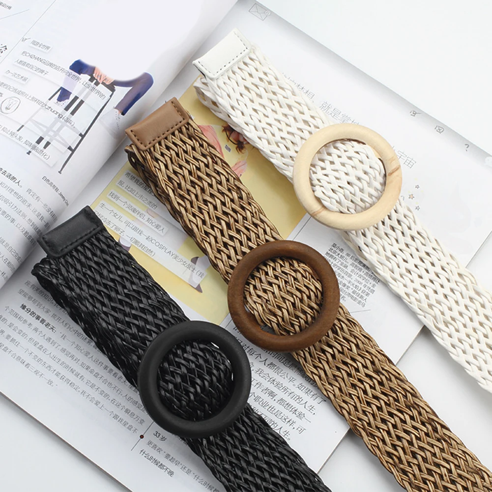 Summer Women Braided Belts Elastic Belt Buckle Vintage Bohe Straw Buckle Belt Women Knitted Belt Dress Belt Fake Straw Waistband