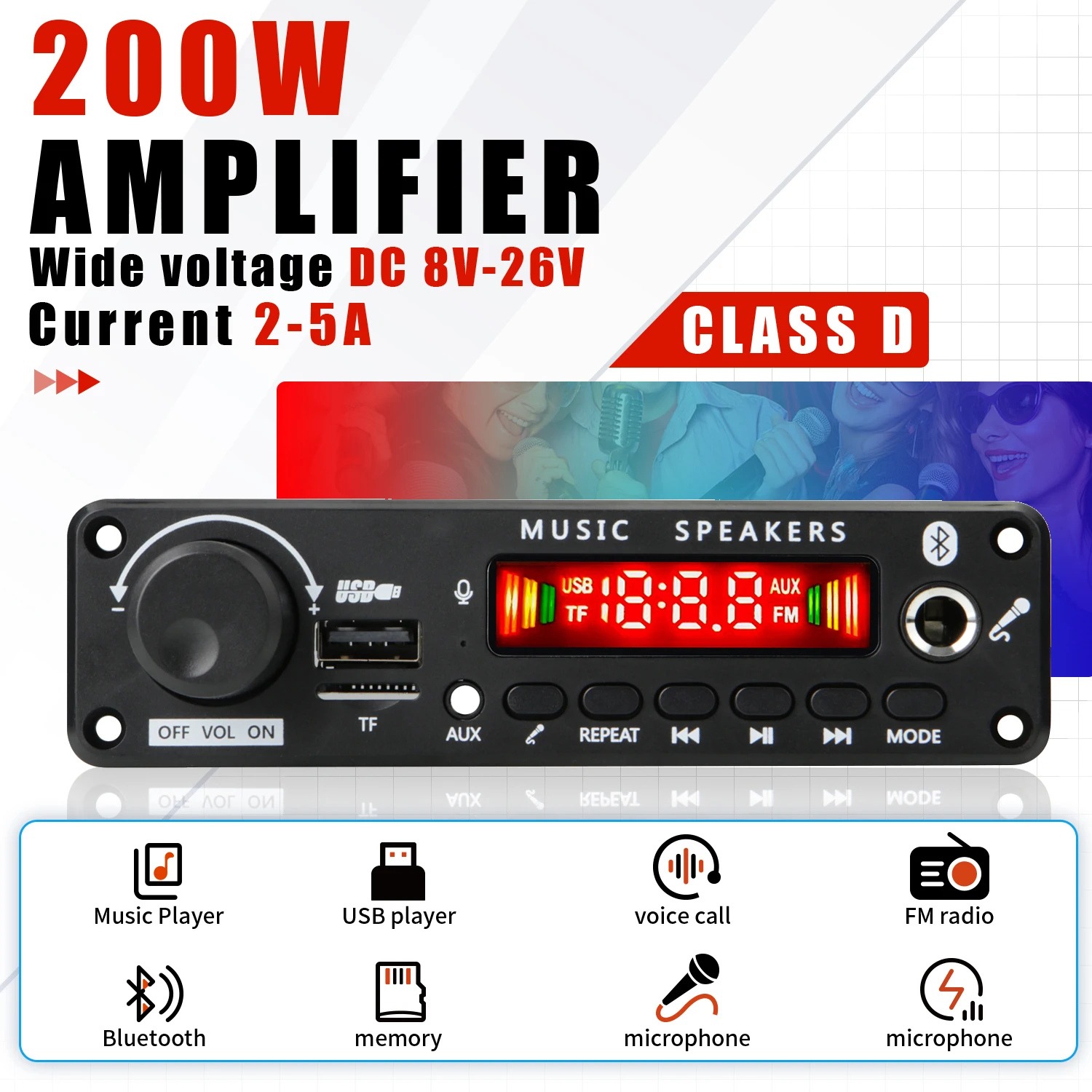 Wzmacniacz 200W Bluetooth Dekoder Płytka DIY 12V 6.5mm Mikrofon FM Radio TF USB Samochodowy odtwarzacz muzyczny Głośniki Regulacja głośności