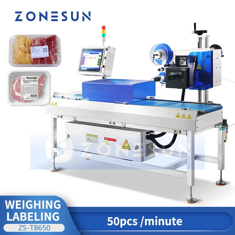 ZONESUN ZS-TB650 Automatic Weigh Price Labeling Machine 50pcs/min Dynamic Weighing Labeler Print Apply System for Food Meat Tray