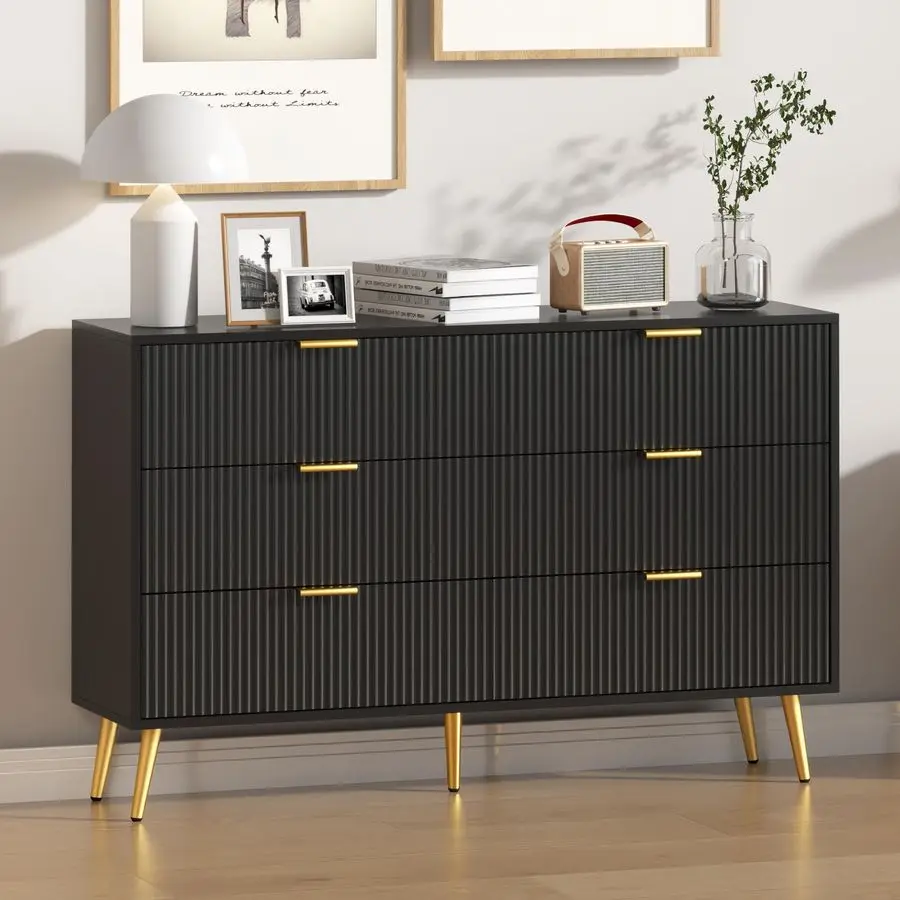 Cómoda doble con cajón para dormitorio, cómoda moderna con panel estriado, organizador de tocador de almacenamiento de madera ancho, para B