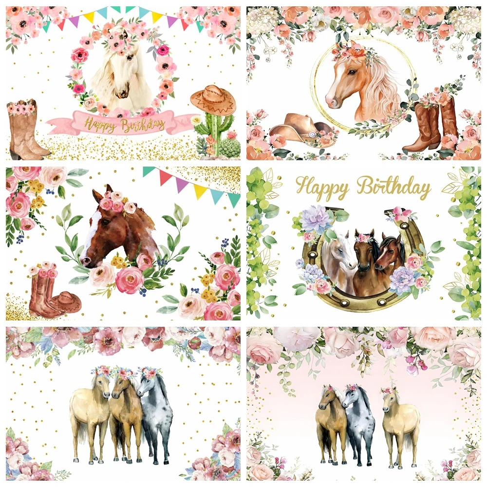 

Cowboy Horse Backdrop for Photography Western Farm Flowers Cowgirl Birthday Party Kids Portrait Decor Background Photo Studio