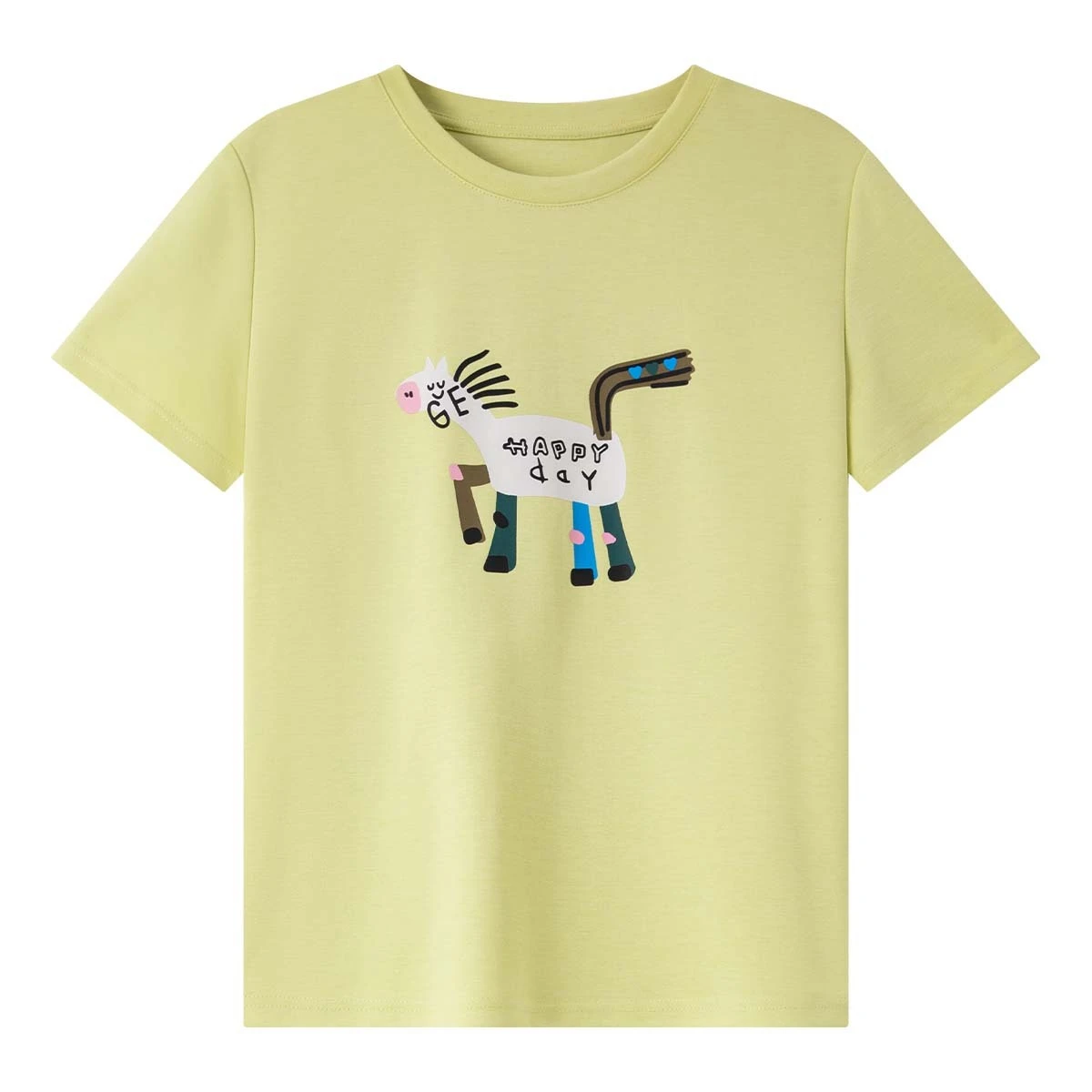 VIMLY Cartoon Printed T-shirt Women's Summer 2025 Casual Knitted Yellow Cartoon Crew Neck Woman Short Sleeve Ladies Tops  A1881