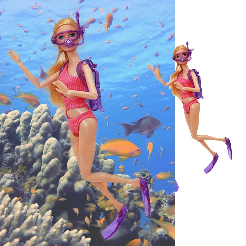 4 pezzi Set vestiti e accessori divertenti costumi da bagno estivi per 30cm/11.5 ''bambole Bikini muta da sub anello da bagno cappello da sole sedia da spiaggia