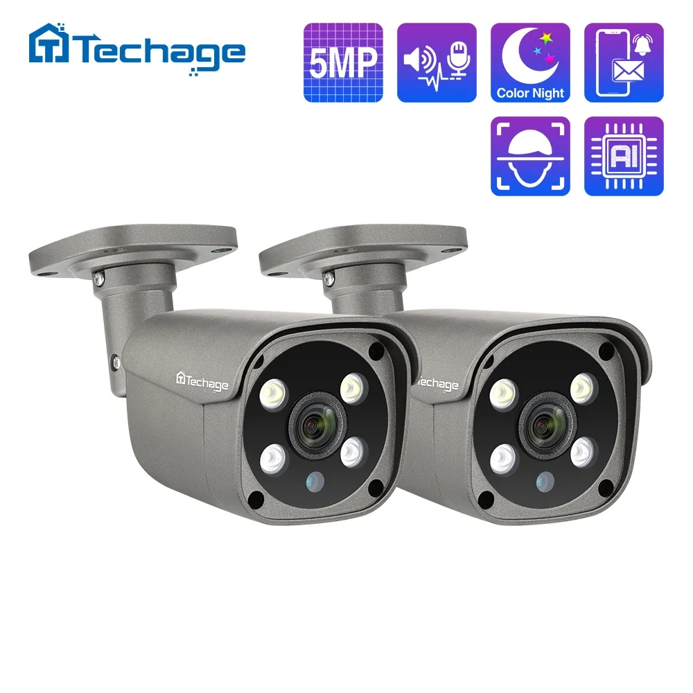 Techage HD 5MP 8MP 4K POE IP камера Двусторонняя аудиосвязь Smart AI Цветная ночная съемка Уличная POE камера безопасности для к