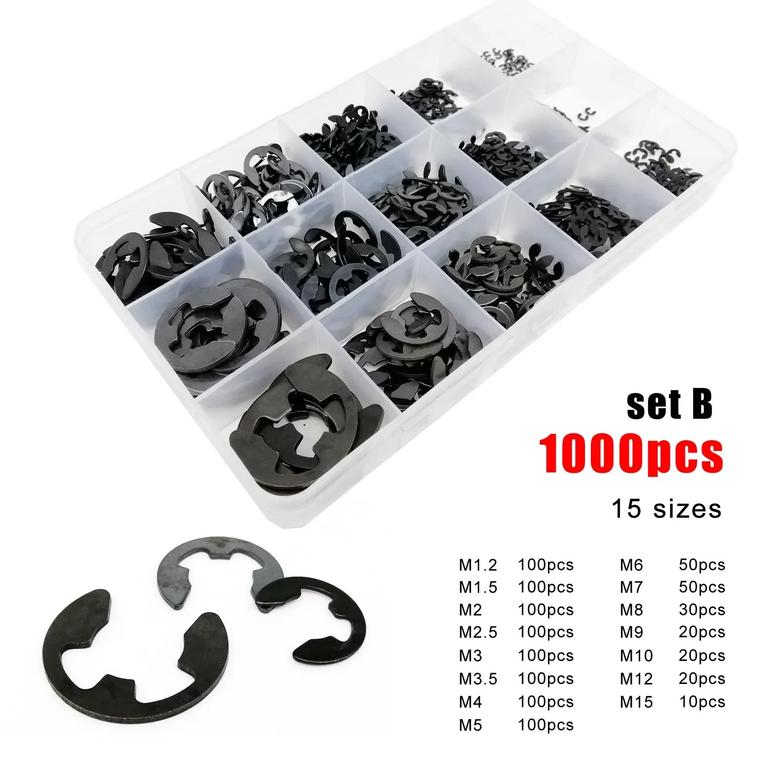 580/1000pcs M1.2 M1.5 M2 M3 M4 M5 M6 M8 M10 M12 M15 Black Carbon Steel Shaft External Retaining Ring E Clip Snap Circlip Washer