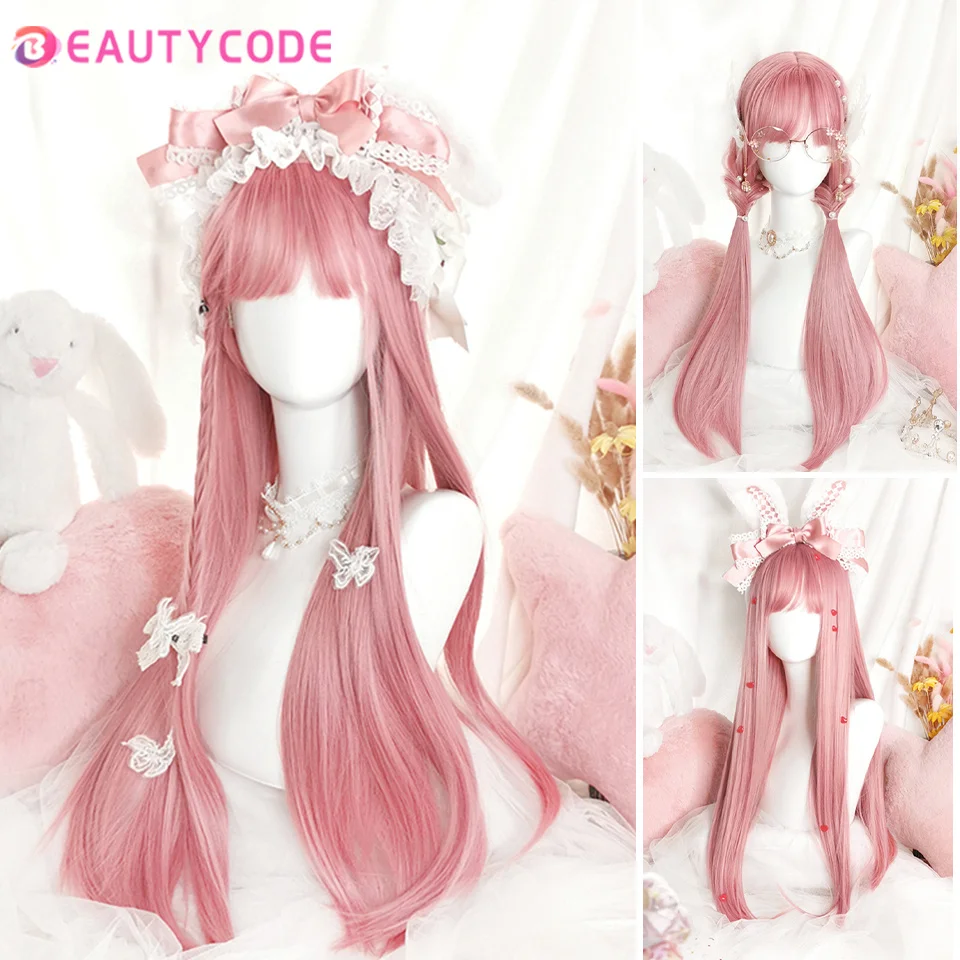 Synthetische Pruik Lange Golvende Meisje Roze Pruik Met Pony Hittebestendige Zwart Blauw Rood Blond Paars Cosplay Lolita Halloween Party pruik