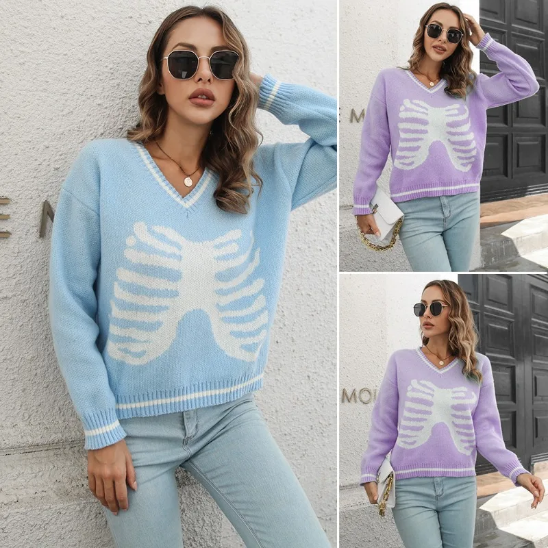 Jacquard V-neck Sweater Women's Loose Autumn and Winter Long Sleeved European and American Knit Sweater