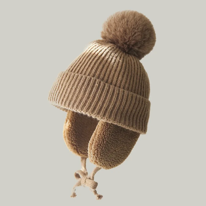 Chapéu do bebê do inverno gorro grande pompom com forro de pelúcia de lã de earflap infantil boné de malha para meninas meninos quente crianças