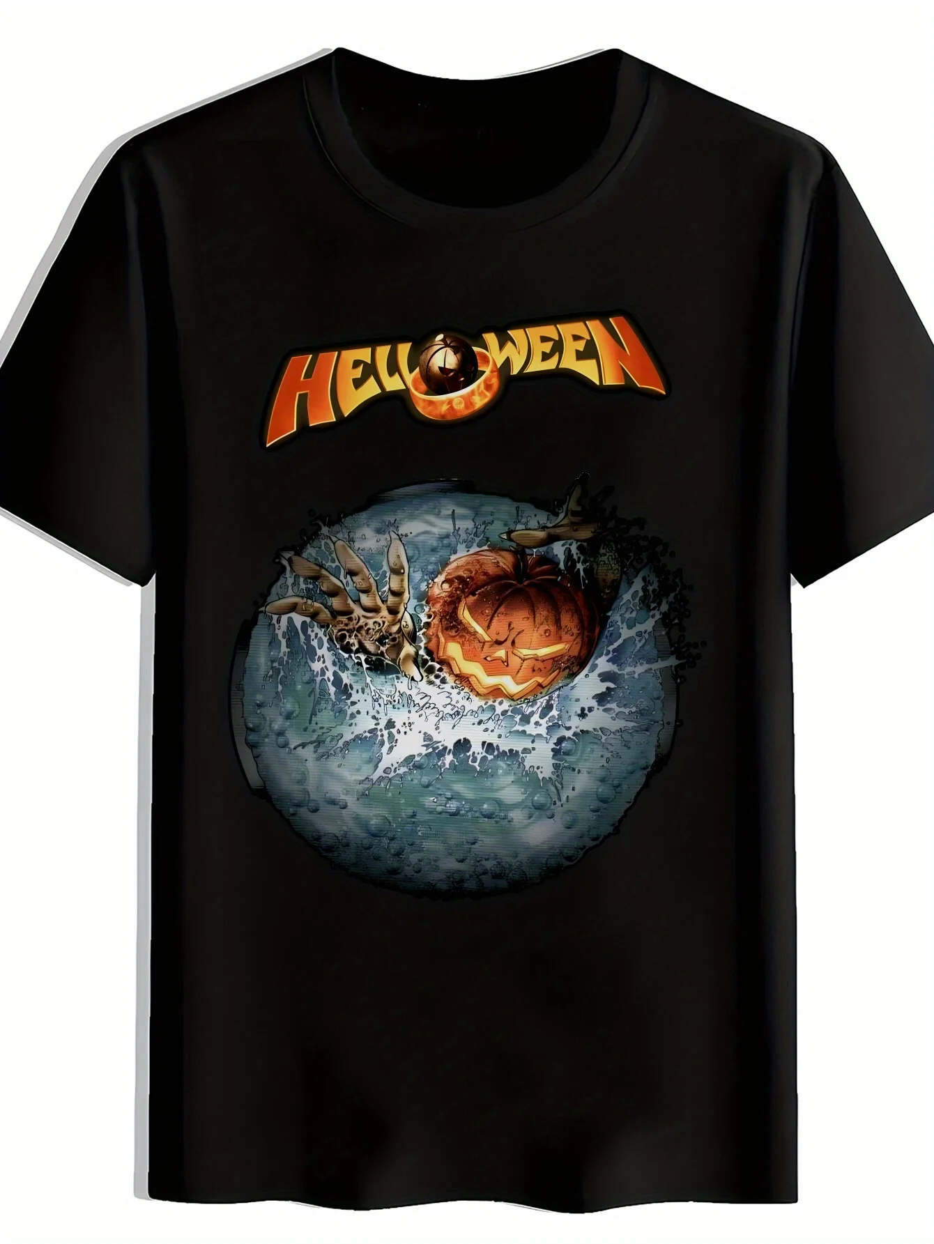 

[Halloween Pumpkin Tee] Black Halloween Graphic T-Shirt | Men's Casual Crew Neck Tee with "Helloween" Print