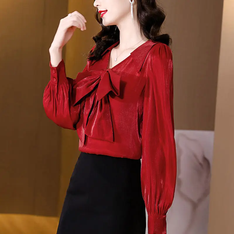 V-neck Bow Shirt Women\'s Long Sleeved Red Chiffon Shirt for the Zodiac Year New Style with Unique Temperament Top