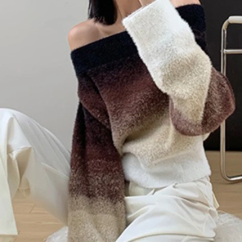 French style one shoulder gradient sweater women's autumn and winter new loose elegant lazy style soft knitted pullover