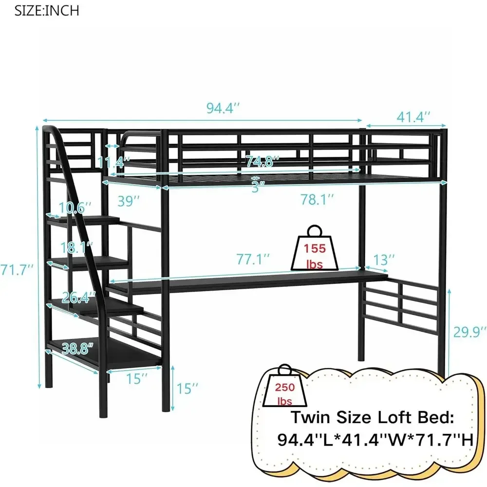 Twin Size Metal Bed with Stairs, Sturdy Loft Bed for Kids, Desk Option, Noise-Free, No Box Spring Needed, Black