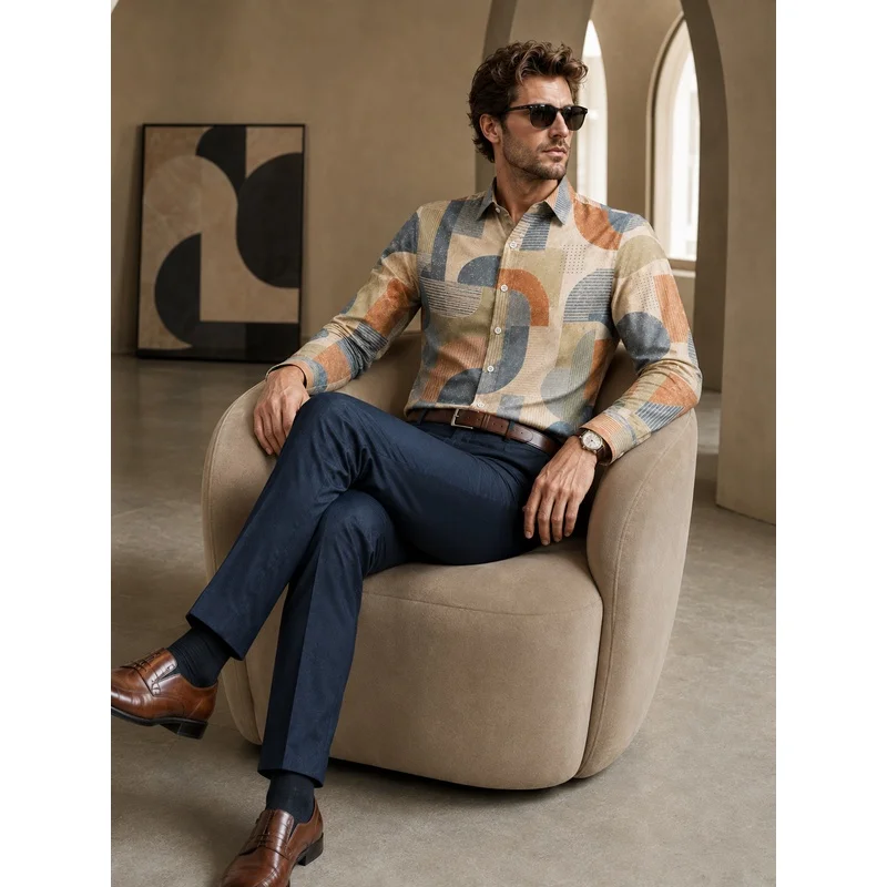 Men'S Shirt With Random Print Design, Vintage Art Style Trendy Top, Long Sleeve With Irregular Geometric Print