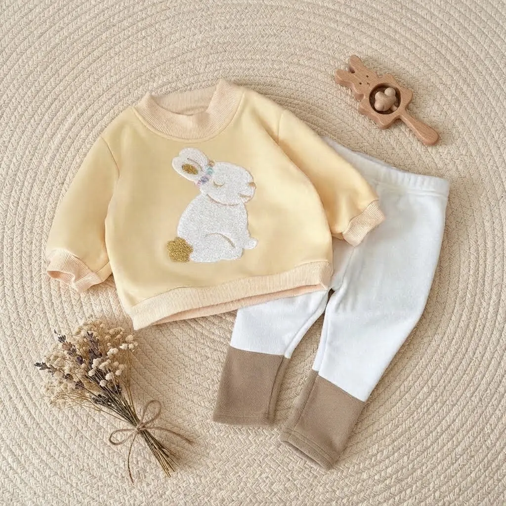 Baby Girl 2Pcs Outfit Cartoon Rabbit Patch Long Sleeve Sweatshirt Color Block Pants Toddler Soft Autumn Clothing Set