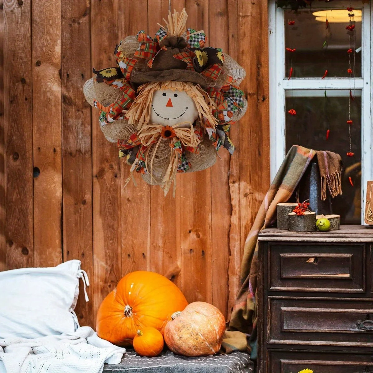 

Autumn Wreath, 17.7in Scarecrow Decor, Scarecrow Mesh Front Wreath Thanksgiving Fall Front Door Wreath, Thanksgiving