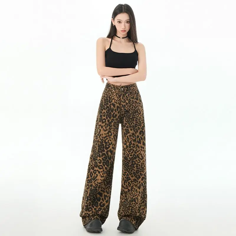 กางเกงยีนส์สตรีผู้หญิงเสือดาวพิมพ์ผู้หญิง DENIM กางเกง Jean Shoujo สาวสไตล์ Baggy กางเกงยีนส์ Y2k สูงเอวกางเกง Coquette กางเกง