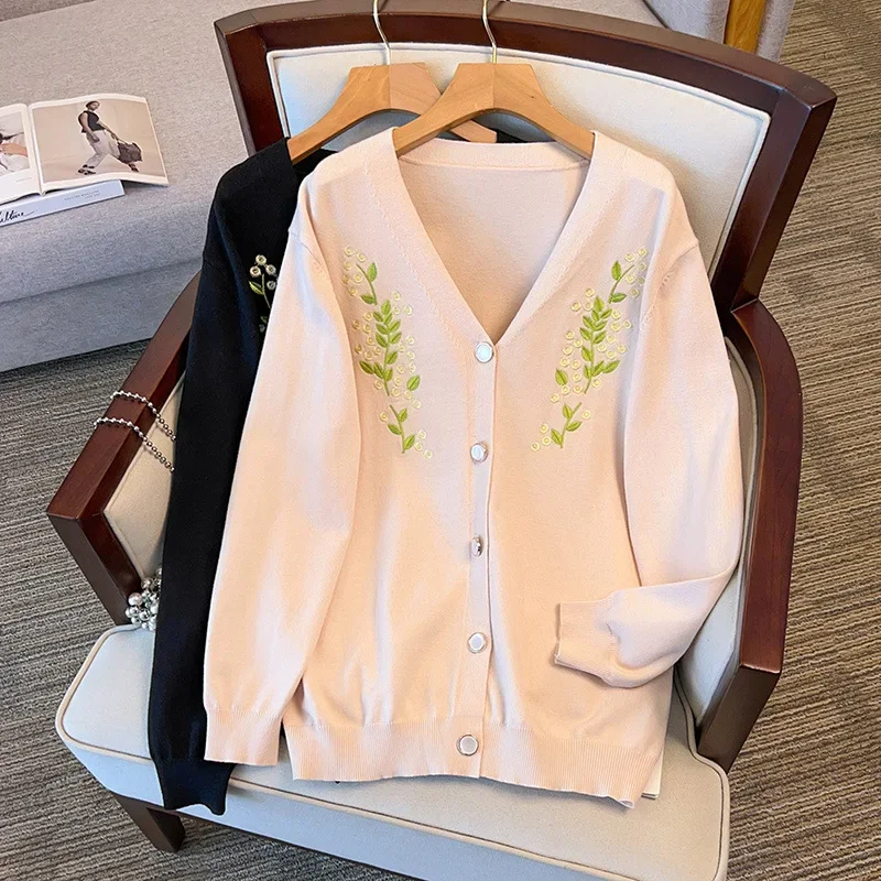 

100/150/175kg Big Size Women Clothing Chest 150/160cm Loose Cardigan Sweaters Knitted Elegant Cardigans with Floral Embroidery