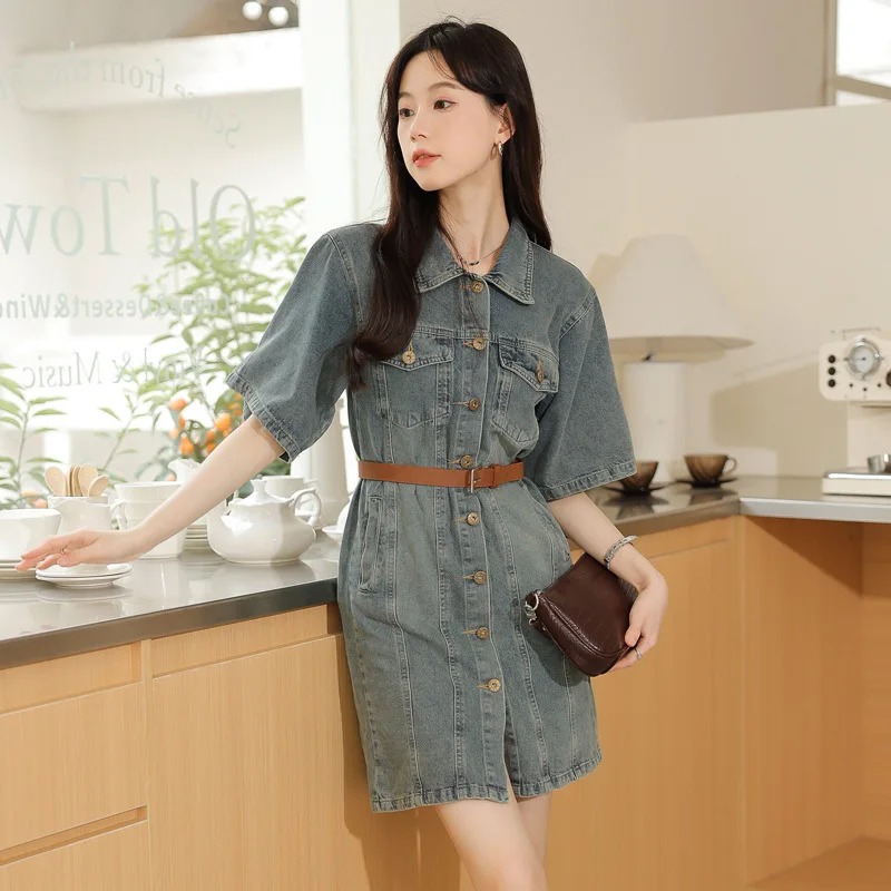 Vintage Denim Dress Fashion Pocket Casual Belt Shirt Skirt 2024 Summer Trendy Single Breasted Dresses Female Vestidos Para Mujer