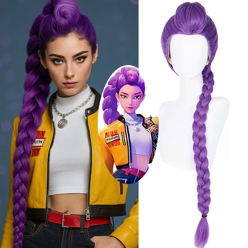 KPop شيطان الصيادين رومي شعر مستعار تأثيري شعر مستعار الأرجواني مع مشبك مخلب طويل مضفر ذيل حصان للنساء الفتيات هالوين عيد الميلاد تأثيري #1