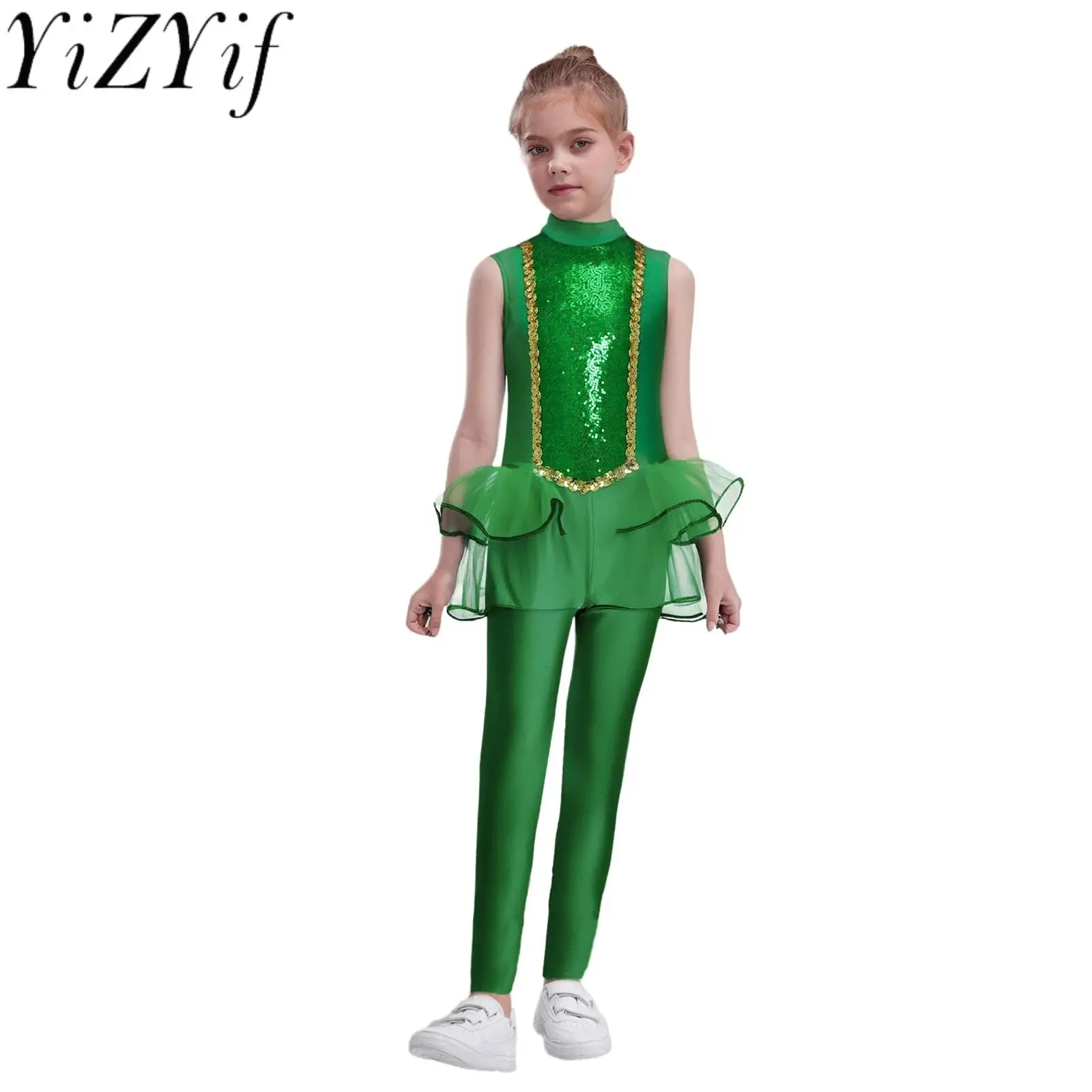 

Christmas Elf Fairy Cosplay Costume Sequins Puffy Mesh Overlay Green Elf Jumpsuit Stage Performance Christmas Outfit