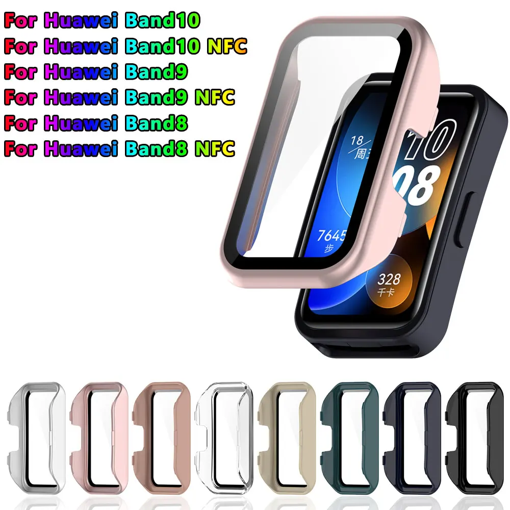 PC-Gehäuse + gehärtetes Glas für Huawei Band 10 9 8, NFC-Displayschutzfolie, harte PC-Schutzstoßstange für Huawei Band 9 8 10 Hüllen