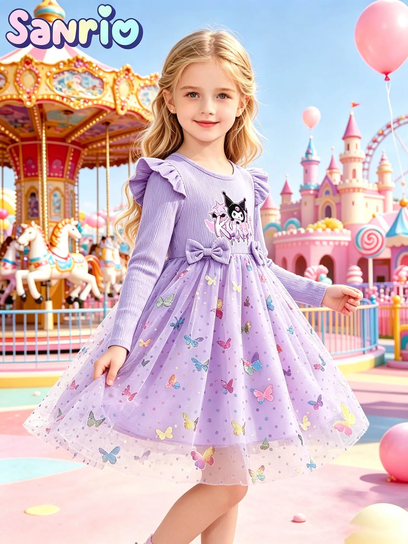 Girls' Purple Kuromi Long Sleeve Princess Dress, Flutter Sleeve Ribbed Knit Colorful Sequin Butterfly Tulle Tutu Dress