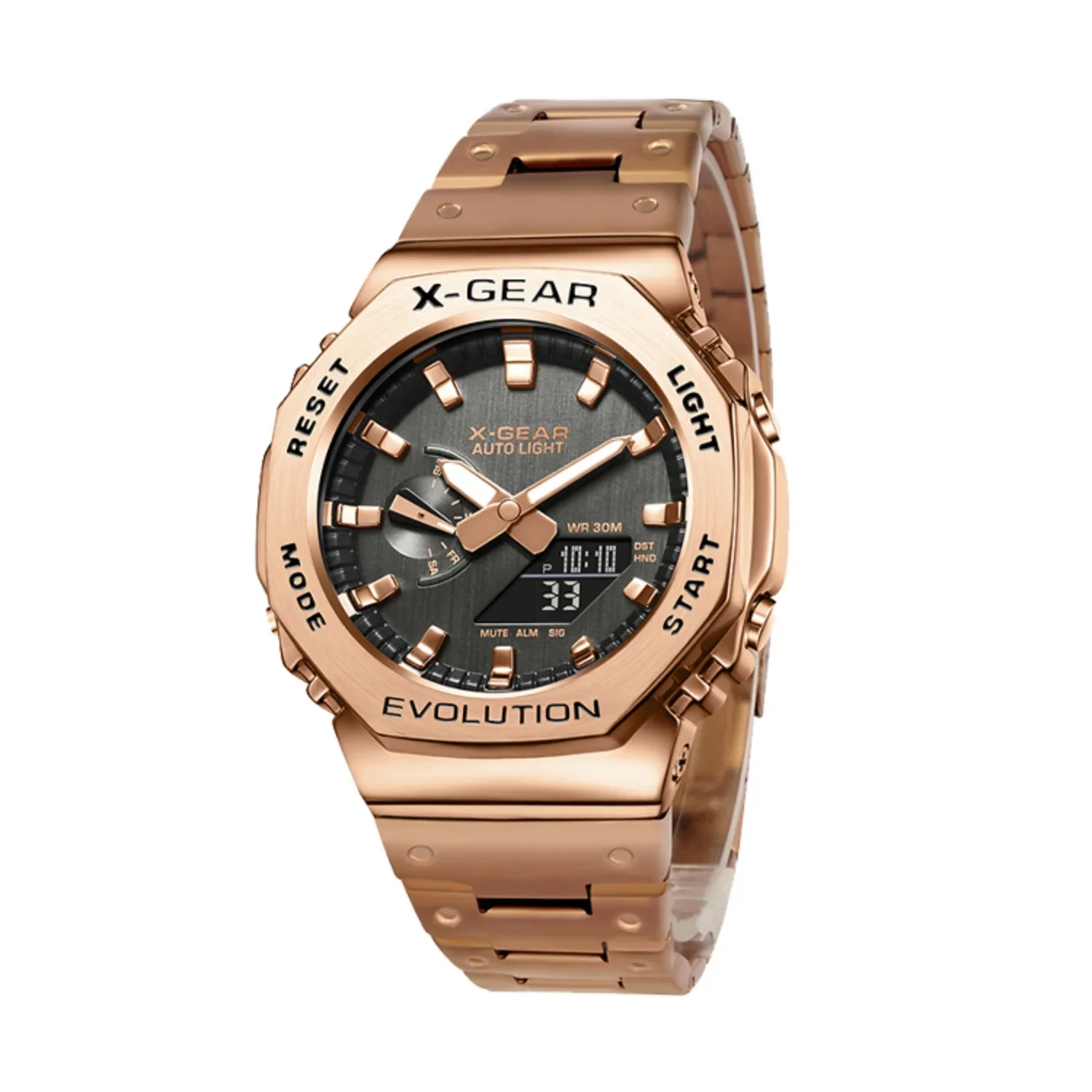 مقاومة للصدمات 2100 للجنسين ساعة رقمية حزام فولاذي قابل للطي مشبك LED عرض مزدوج السيارات اليد رفع ضوء GMB البلوط سلسلة