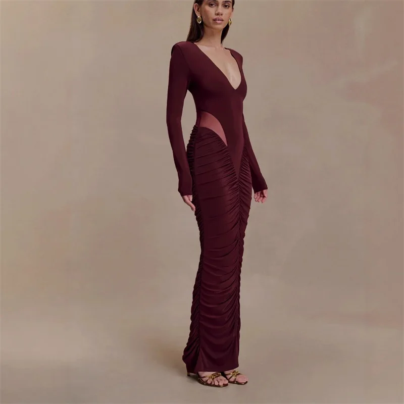 Bordeaux Zwarte Vrouwen Prom Jurk V-hals Volledige Mouw Sexy Elegante Ruches Lange Bruiloft Jurk Formele Avond Verjaardag Gewaad