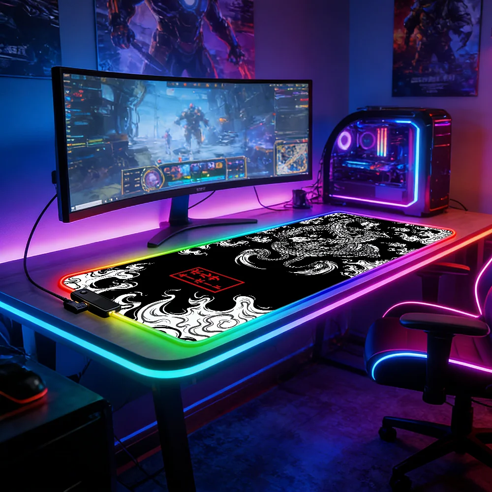 LED Lighting RGB Mouse Pad E-sports Game Keyboard Pad Table Mats Cool Japanese Dragon Laptop Accessories Mousepad Gamer Deskmat