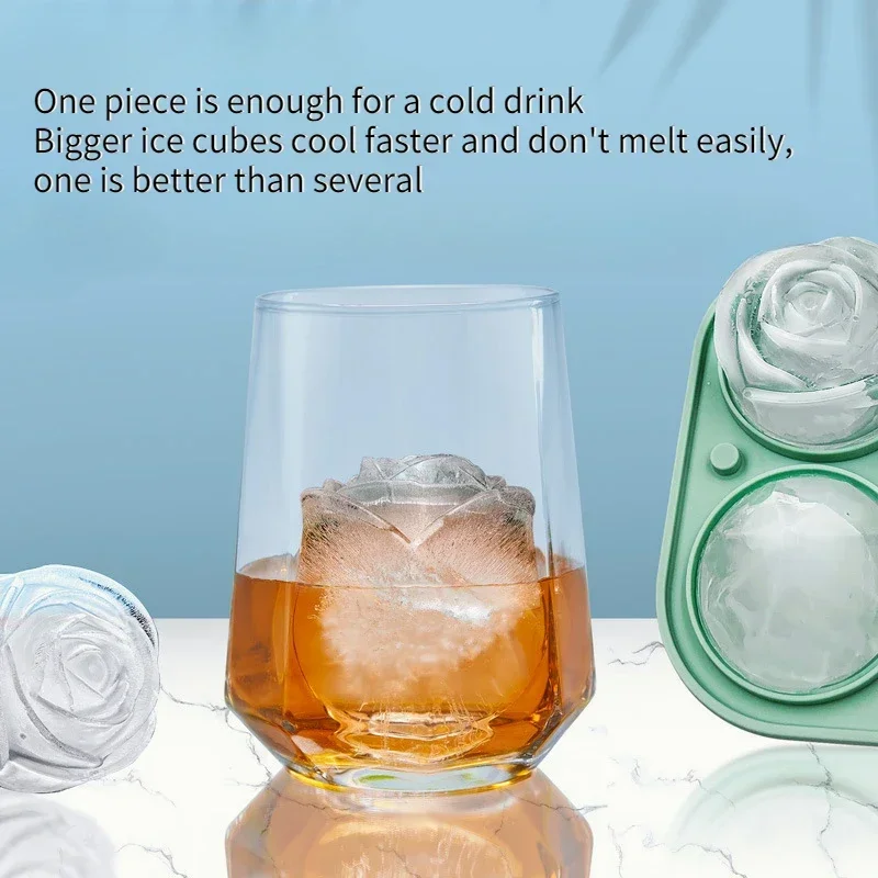 D5 3D Rose Diamond Ice Mold Large Ice Cube Tray Make 4 Giant Cute Flower Shaped Ice Cubes Silicone Rubber Fun Large Ball Maker