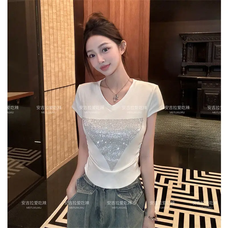 2024 Elegant Fashion Harajuku Slim Fit Female Clothes Loose Casual All Match T-shirts V Neck Insert Cotton Short Sleeve Tshirts