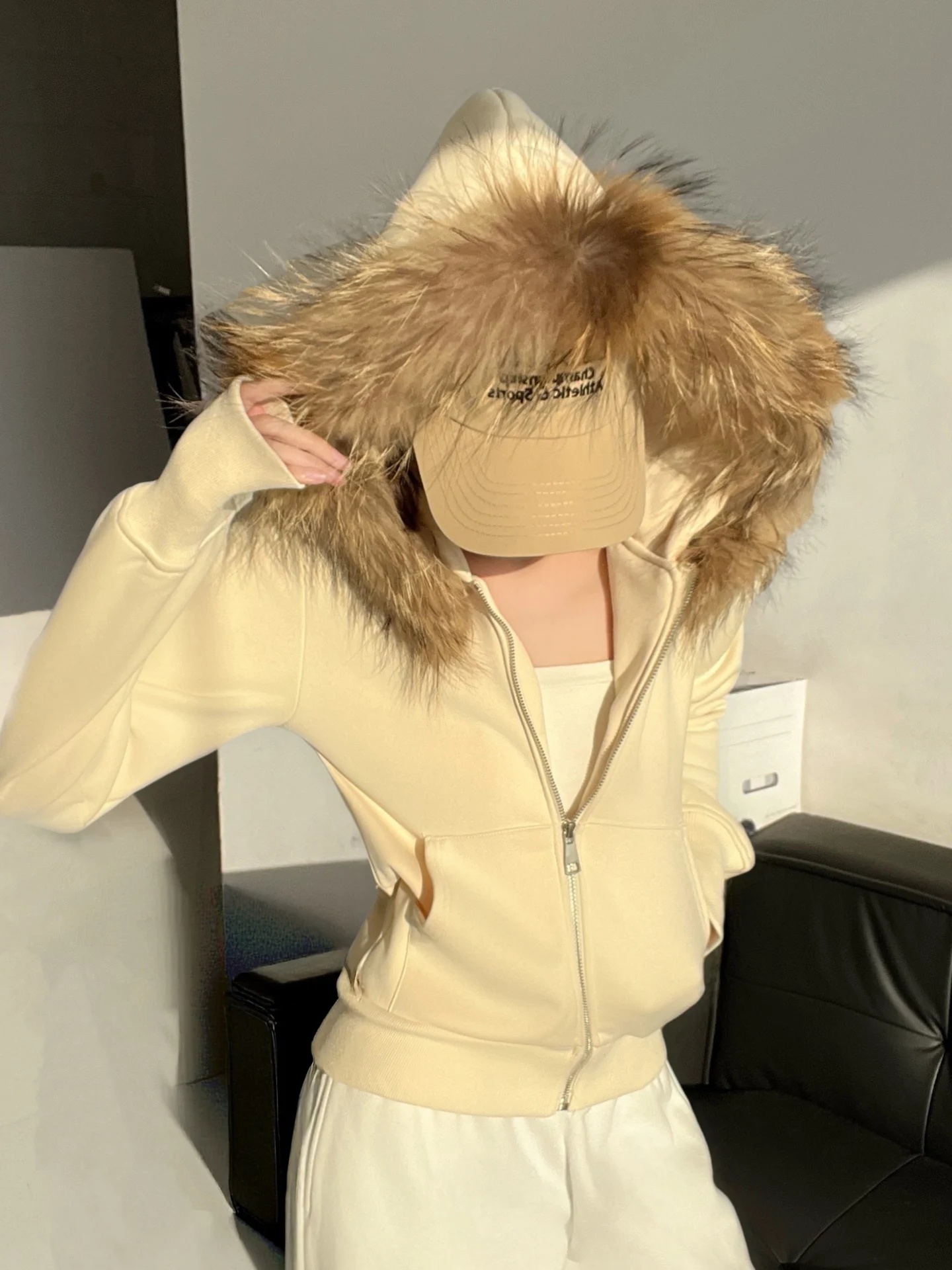 

Retro American ort Thiened Fce Women's Coat with Real Fur Collar Hooded Cardigan Casual Sle Cotton Polyester Blend