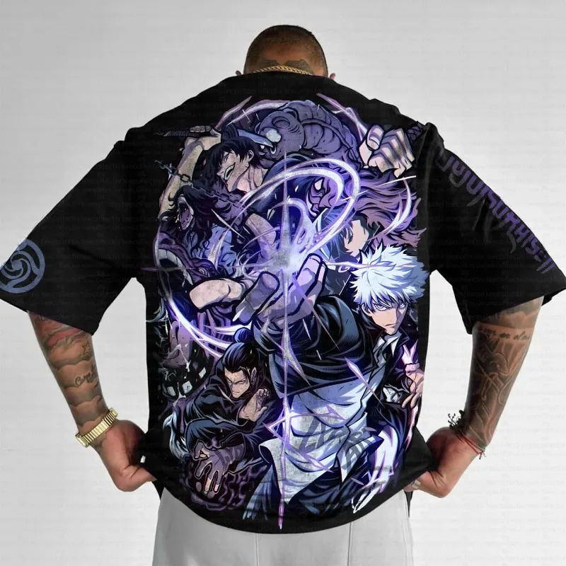 2025 メンズ夏 Tシャツ 呪術廻戦 アニメ 原宿 オーバーサイズ レトロ ストリートウェア レディース カジュアル ルーズ 半袖 ユニセックス トップス