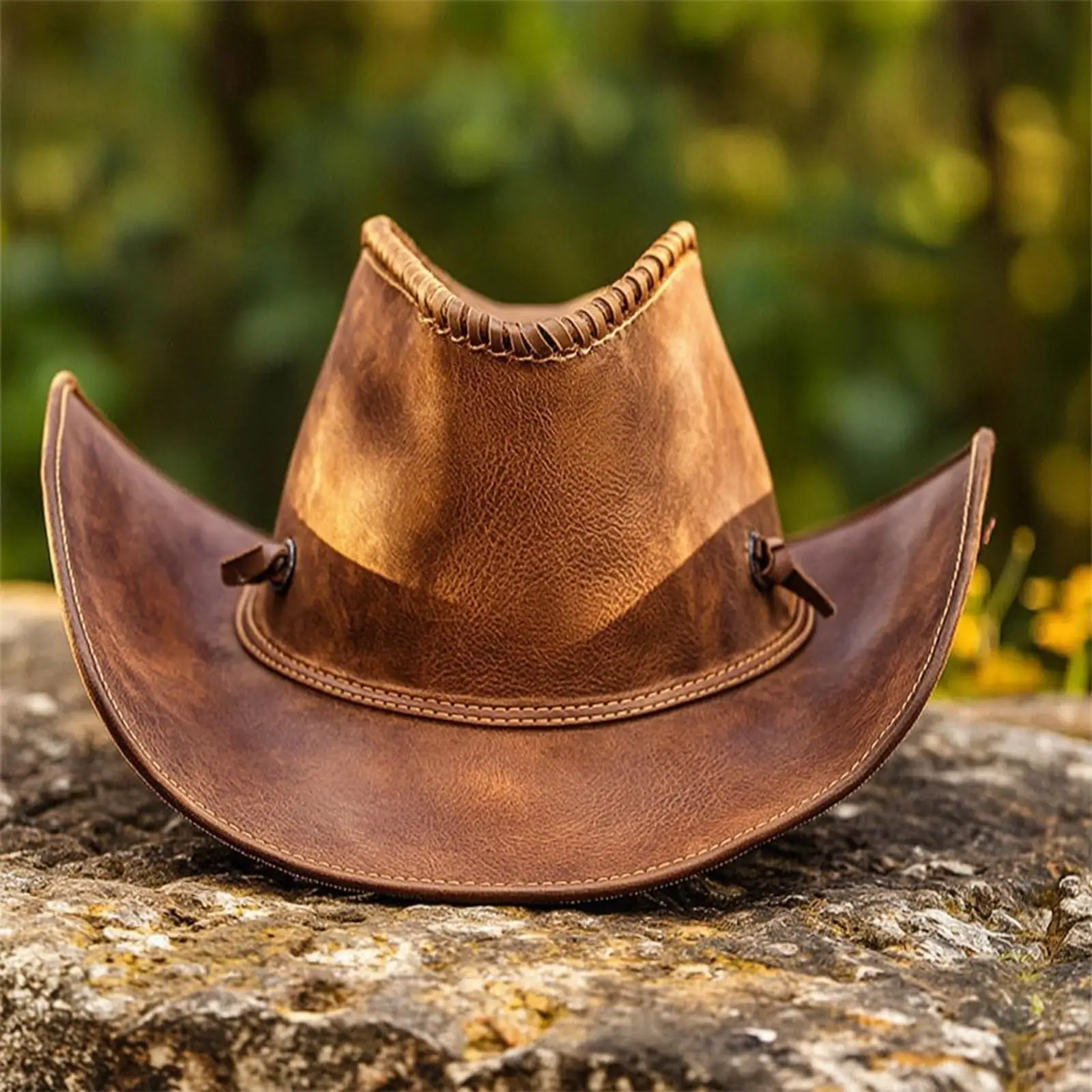 Wide Brim Sun Hat for Outdoor Riding Crazy Horse Leather Cowboy Hat with Chin Strap Adjustable Fit and Braided Trim for Country