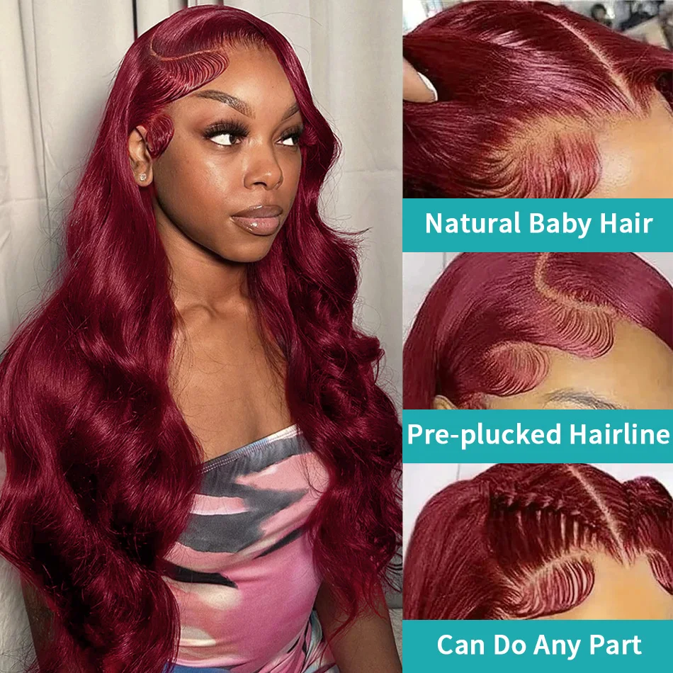 Perruque Lace Front Wig Body Wave Brésilienne Naturelle, Cheveux Humains, Bordeaux 99J, 13x4, 13x6, Densité 250, pour Femme