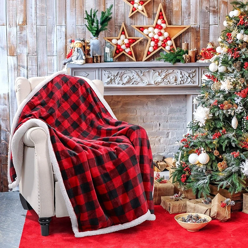 

Inyahome Black and Red Checked Xmas Throw Blankets Buffalo Sherpa Plaid Bed Soft Decorative Cozy Fleece Flannel Manta Para Sofá