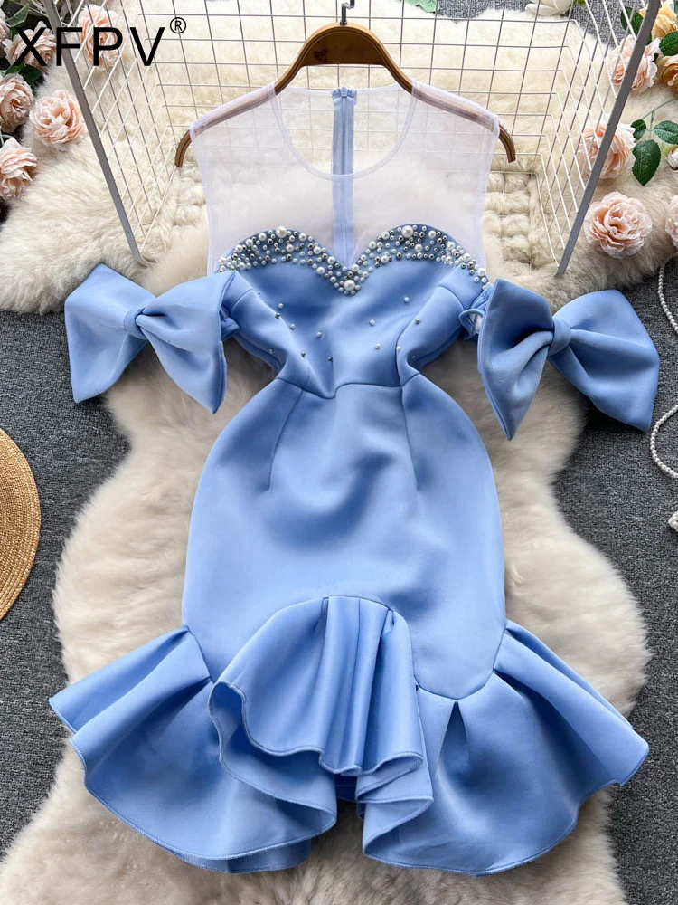 XFPV Women Sexy Classy Embroidered Flares Bow Knot Mesh Spliced Ruffles Wing Dress 2025 Fashion New Trend Spring Summer SM4896